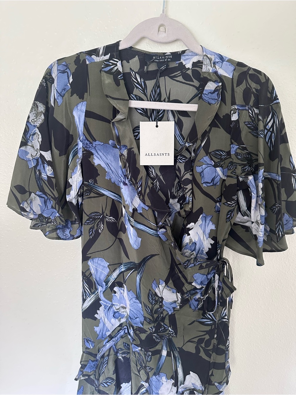 AllSaints Olive and Blue Floral High-Low Wrap Dress - Picture 4 of 6